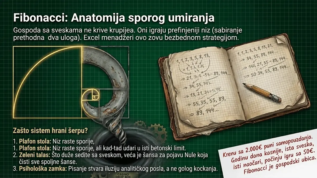 Sveska sa progresijom i spirala koja vizuelno dokazuje zašto Fibonacci sistem ne može da probije matematički limit stola.