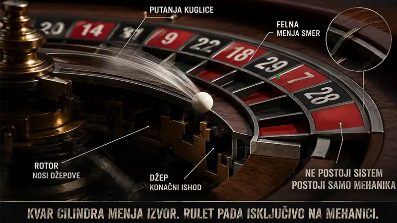 Kuglica u rulet cilindru pokazuje kako mehanika rotora, felne i džepova utiče na ishod spina